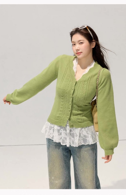 Personalized Women’s V-Neck Cable Knit Cardigan – Slim Fit Soft Button-Up Sweater (Green)