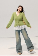 Personalized Women’s V-Neck Cable Knit Cardigan – Slim Fit Soft Button-Up Sweater (Green)