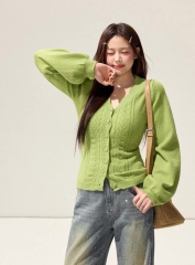 Personalized Women’s V-Neck Cable Knit Cardigan – Slim Fit Soft Button-Up Sweater (Green)