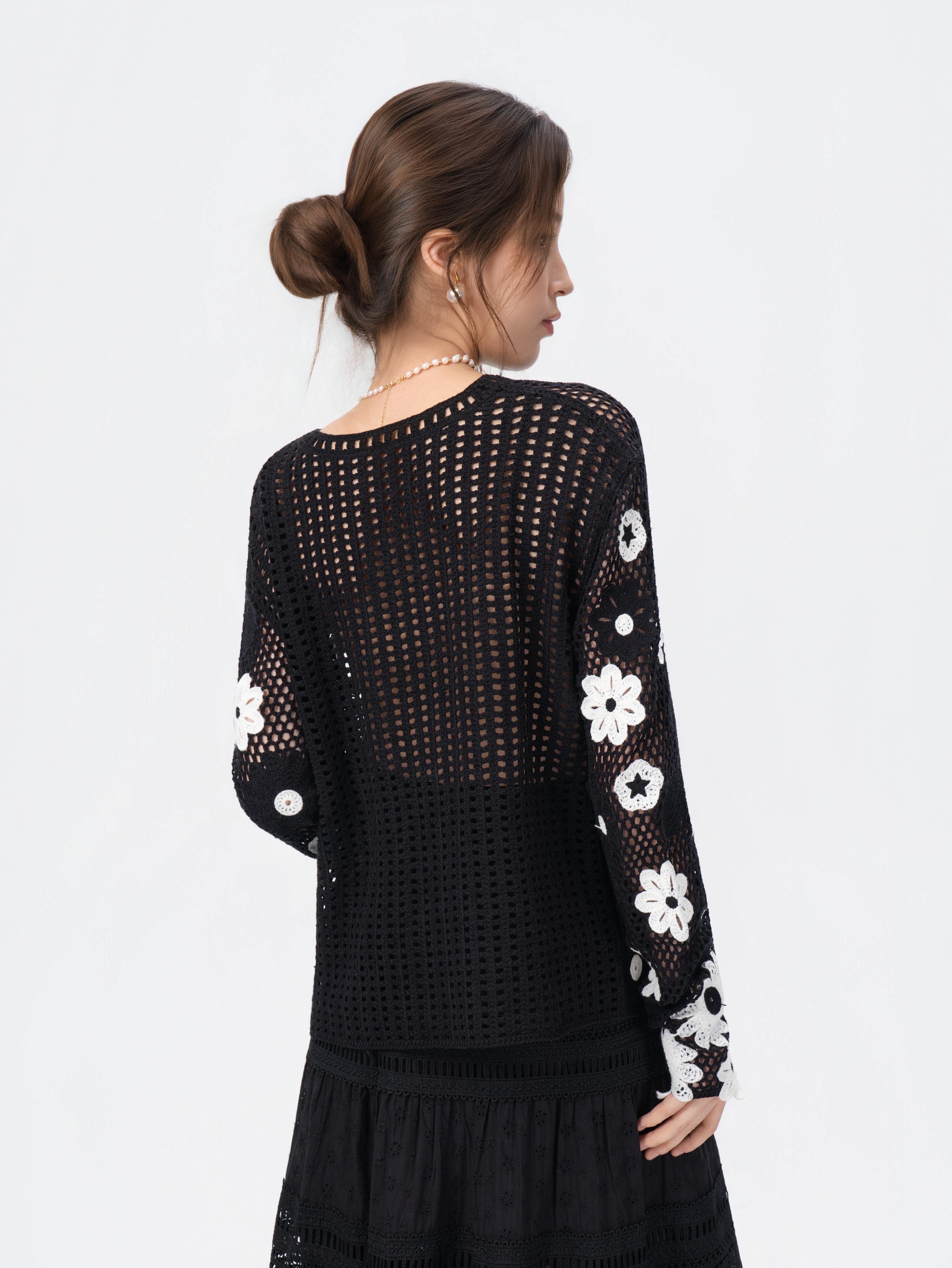 Personalized Black Floral Crochet Knit Top & Lace Tiered Maxi Dress Set