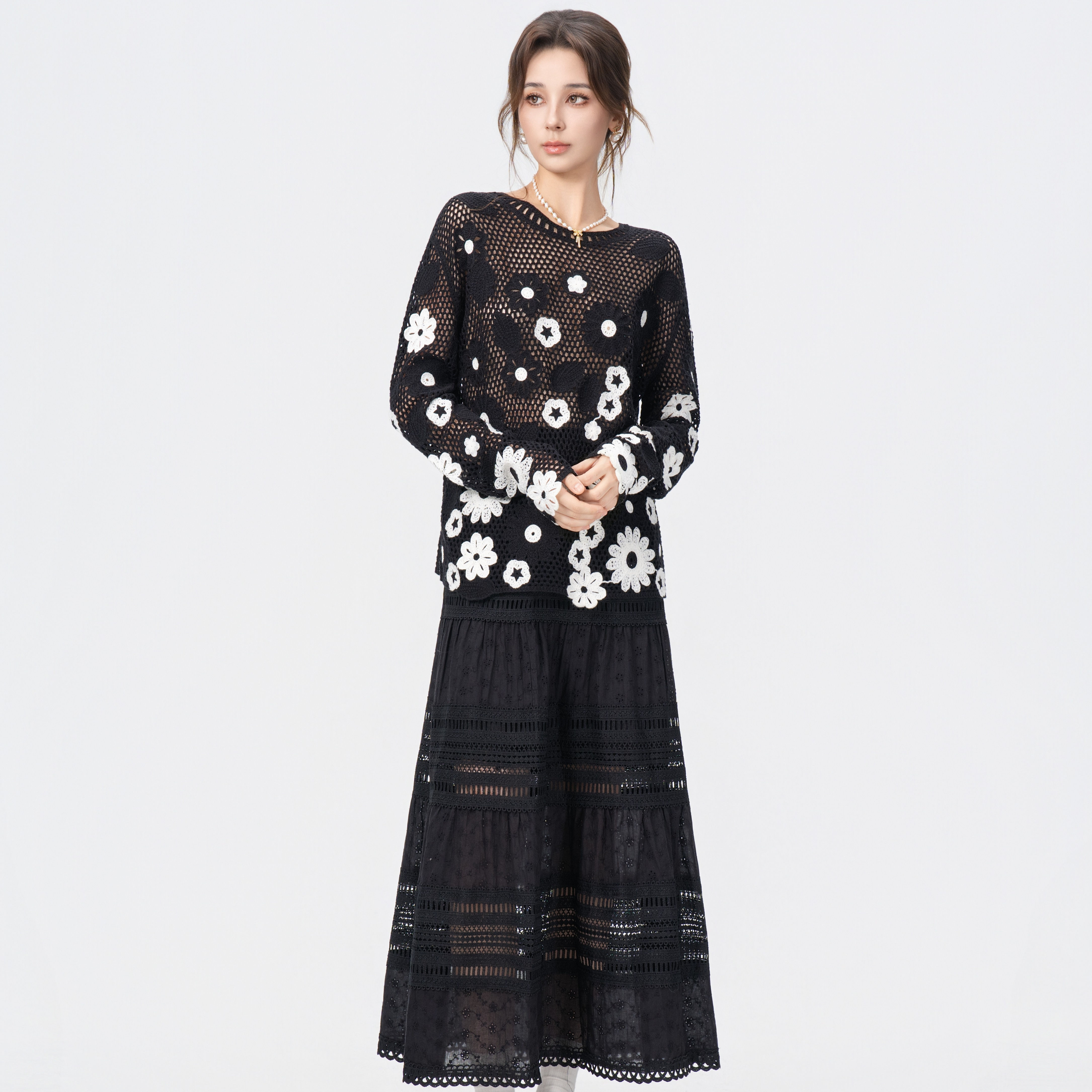 Personalized Black Floral Crochet Knit Top & Lace Tiered Maxi Dress Set