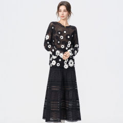 Personalized Black Floral Crochet Knit Top & Lace Tiered Maxi Dress Set
