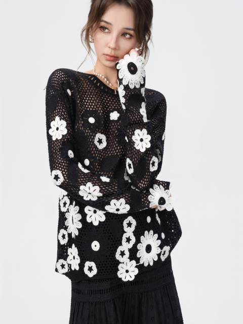 Personalized Black Floral Crochet Knit Top & Lace Tiered Maxi Dress Set