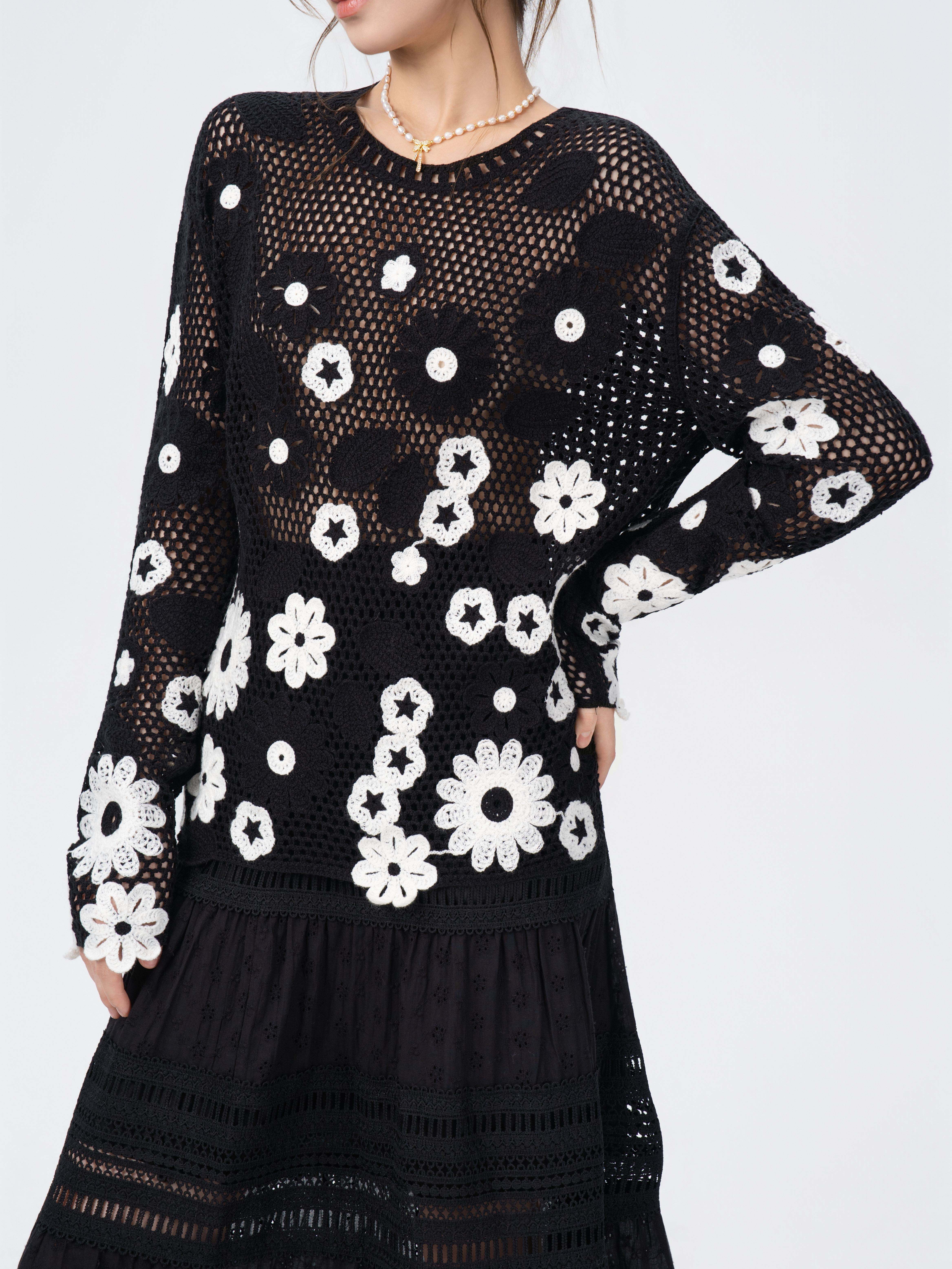 Personalized Black Floral Crochet Knit Top & Lace Tiered Maxi Dress Set