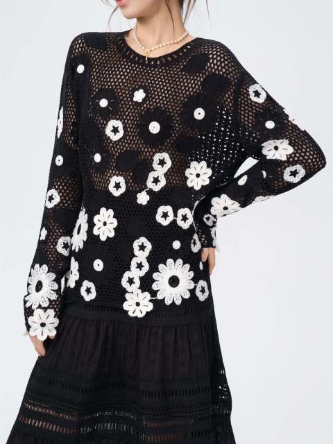 Personalized Black Floral Crochet Knit Top & Lace Tiered Maxi Dress Set