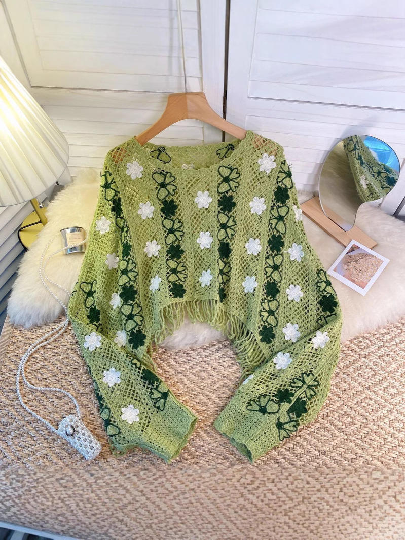 Wholesale Sky Blue Floral Crochet Fringe Sweater – Handmade Knit Bohemian Cropped Pullover