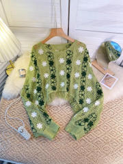 Wholesale Sky Blue Floral Crochet Fringe Sweater – Handmade Knit Bohemian Cropped Pullover