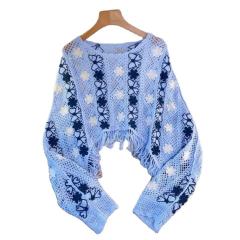Wholesale Sky Blue Floral Crochet Fringe Sweater – Handmade Knit Bohemian Cropped Pullover