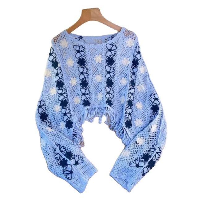 Wholesale Sky Blue Floral Crochet Fringe Sweater – Handmade Knit Bohemian Cropped Pullover