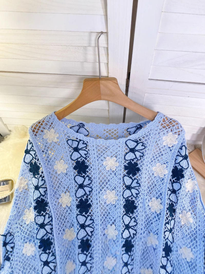 Wholesale Sky Blue Floral Crochet Fringe Sweater – Handmade Knit Bohemian Cropped Pullover