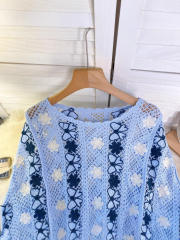 Wholesale Sky Blue Floral Crochet Fringe Sweater – Handmade Knit Bohemian Cropped Pullover