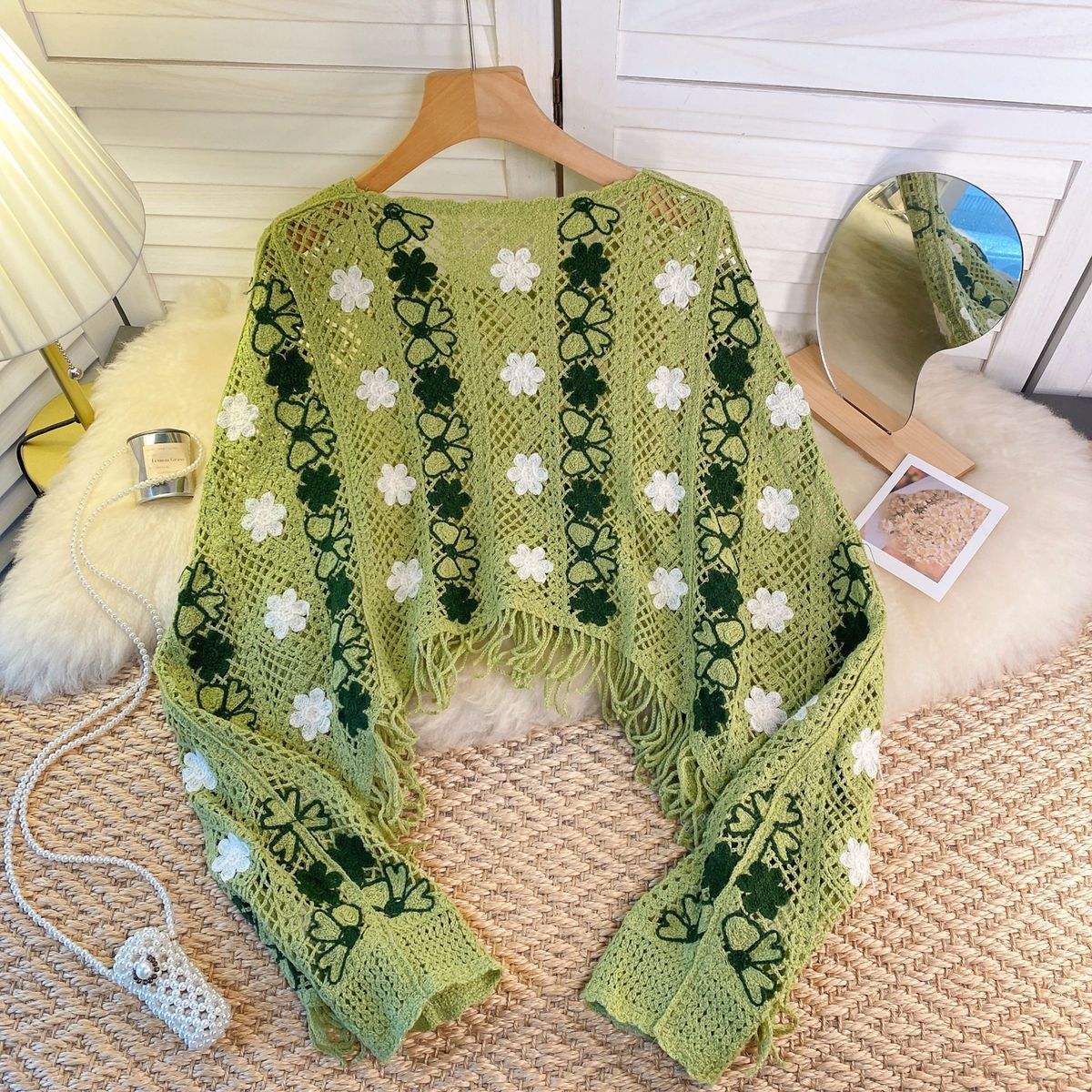 Wholesale Sky Blue Floral Crochet Fringe Sweater – Handmade Knit Bohemian Cropped Pullover
