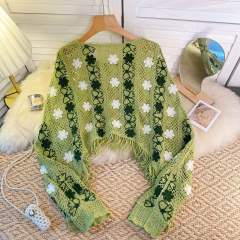 Wholesale Sky Blue Floral Crochet Fringe Sweater – Handmade Knit Bohemian Cropped Pullover