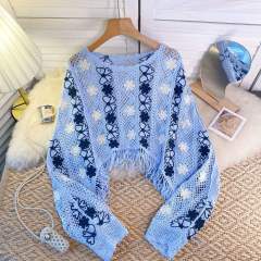 Wholesale Sky Blue Floral Crochet Fringe Sweater – Handmade Knit Bohemian Cropped Pullover