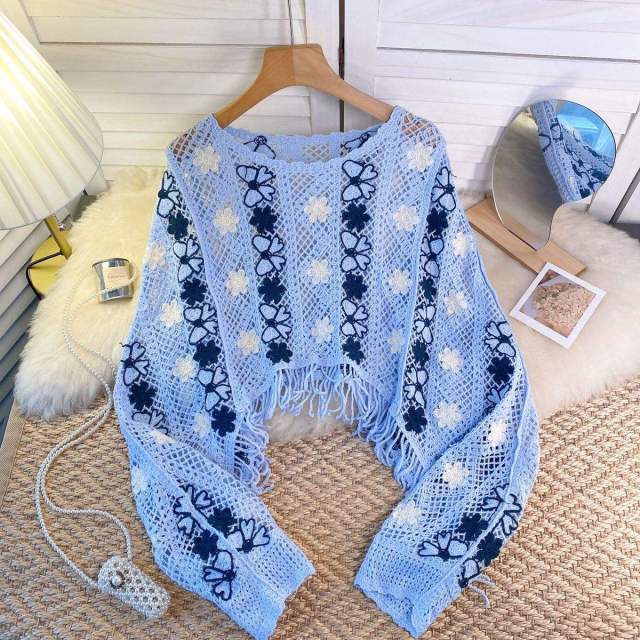 Wholesale Sky Blue Floral Crochet Fringe Sweater – Handmade Knit Bohemian Cropped Pullover