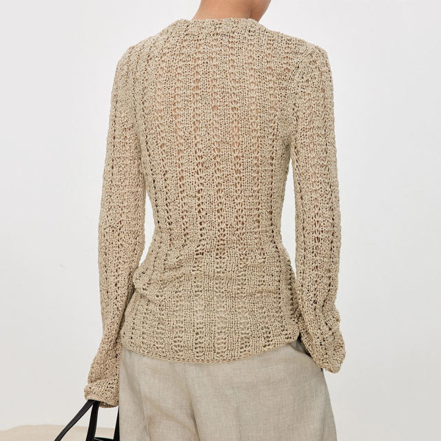 customized Beige Handcrafted Crochet Knit Cardigan – Lightweight V-Neck Button-Up Bohemian Sweater