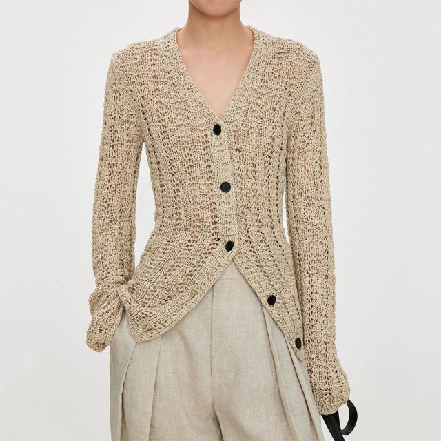 customized Beige Handcrafted Crochet Knit Cardigan – Lightweight V-Neck Button-Up Bohemian Sweater
