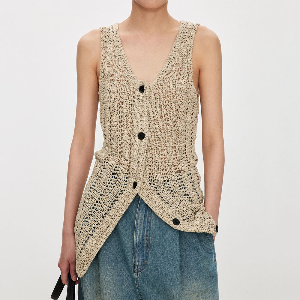 customized Beige Handcrafted Crochet Knit Cardigan – Lightweight V-Neck Button-Up Bohemian Sweater