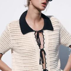 ODM OEM Cream Openwork Crochet Knit Cardigan – Contrast Collar Tie-Front Short Sleeve Sweater Top