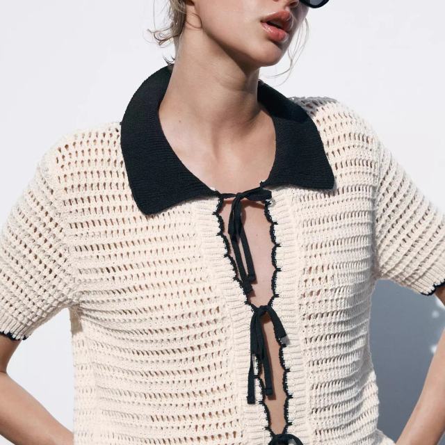 ODM OEM Cream Openwork Crochet Knit Cardigan – Contrast Collar Tie-Front Short Sleeve Sweater Top