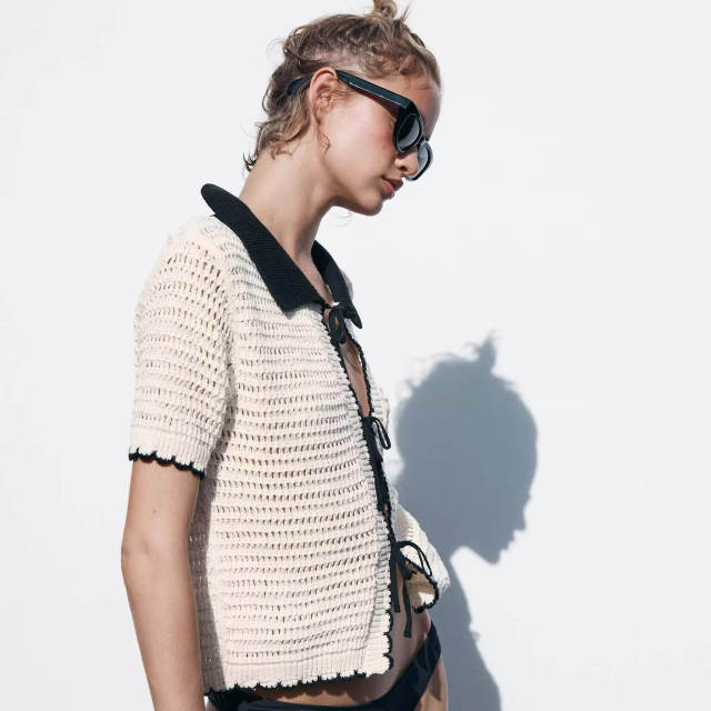 ODM OEM Cream Openwork Crochet Knit Cardigan – Contrast Collar Tie-Front Short Sleeve Sweater Top