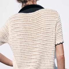 ODM OEM Cream Openwork Crochet Knit Cardigan – Contrast Collar Tie-Front Short Sleeve Sweater Top