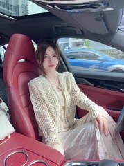 Made-to-order Luxury Handcrafted Open Knit Cardigan Set with Camisole – Elegant Pearl Detail Women’s Sweater Outfit