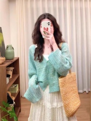 Personalized Pastel Green Knit Cardigan with Lace Tiered Maxi Dress Set – Vintage Soft Girl Outfit for Women