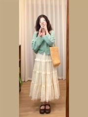 Personalized Pastel Green Knit Cardigan with Lace Tiered Maxi Dress Set – Vintage Soft Girl Outfit for Women