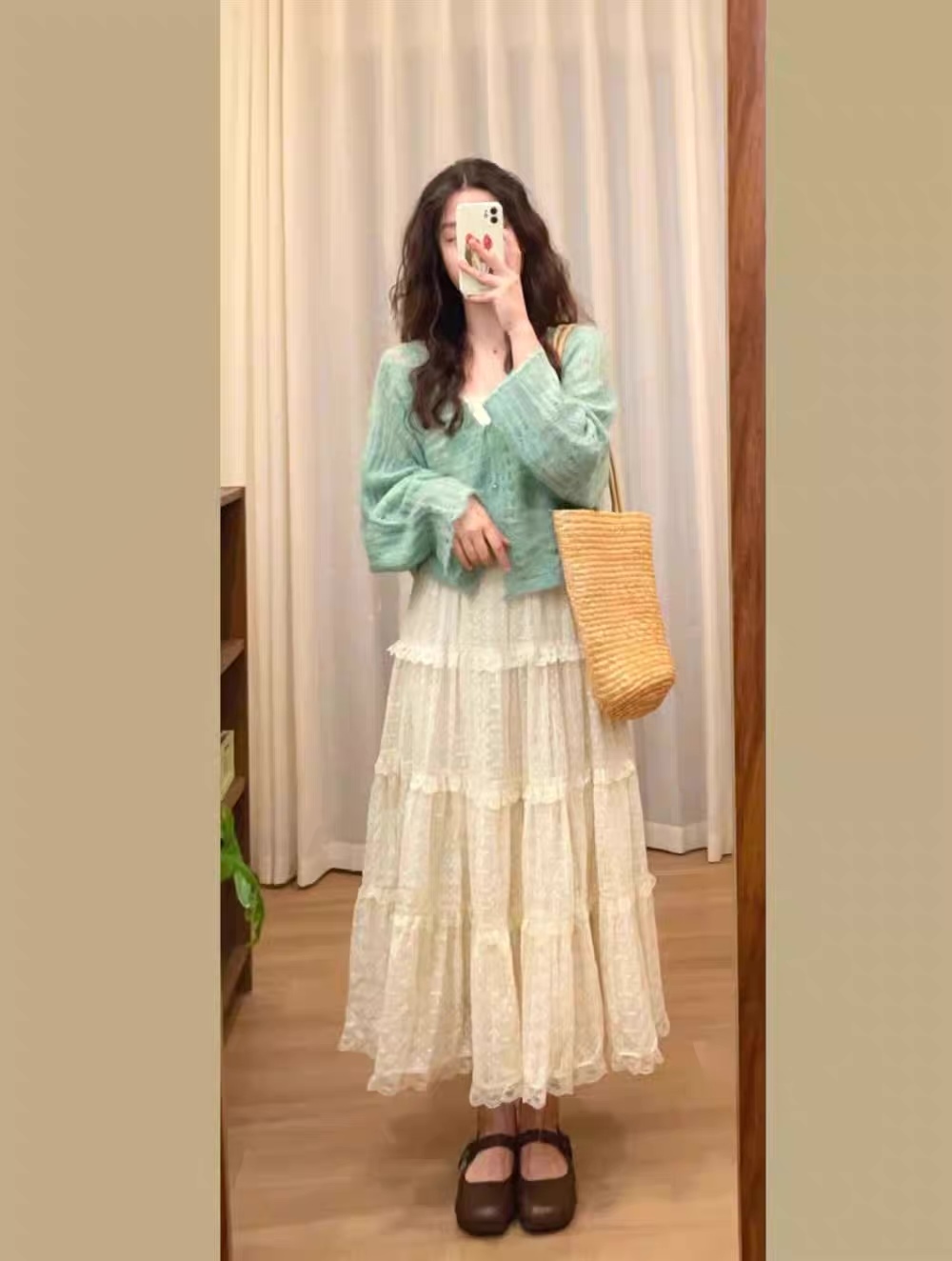 Personalized Pastel Green Knit Cardigan with Lace Tiered Maxi Dress Set – Vintage Soft Girl Outfit for Women