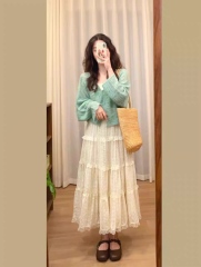 Personalized Pastel Green Knit Cardigan with Lace Tiered Maxi Dress Set – Vintage Soft Girl Outfit for Women