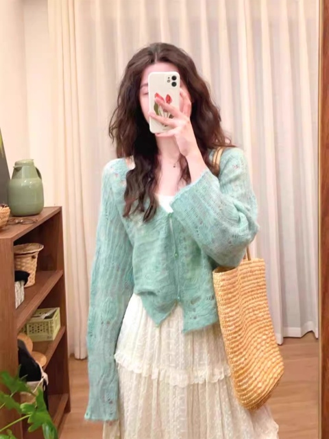 Personalized Pastel Green Knit Cardigan with Lace Tiered Maxi Dress Set – Vintage Soft Girl Outfit for Women