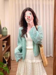 Personalized Pastel Green Knit Cardigan with Lace Tiered Maxi Dress Set – Vintage Soft Girl Outfit for Women