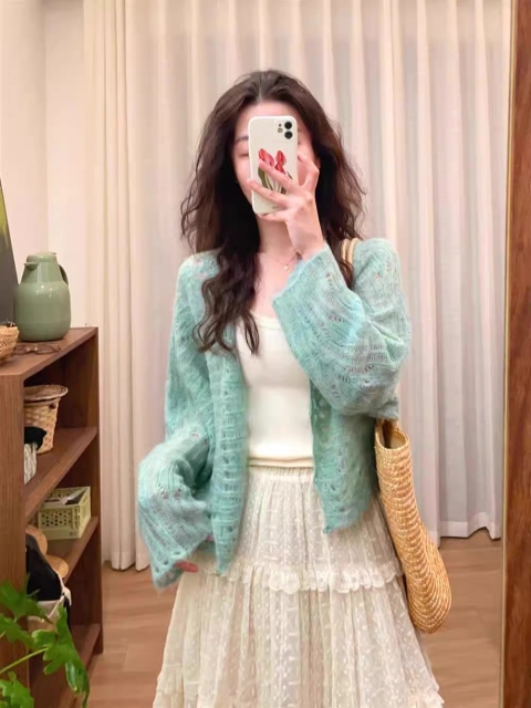 Personalized Pastel Green Knit Cardigan with Lace Tiered Maxi Dress Set – Vintage Soft Girl Outfit for Women