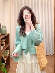 Personalized Pastel Green Knit Cardigan with Lace Tiered Maxi Dress Set – Vintage Soft Girl Outfit for Women