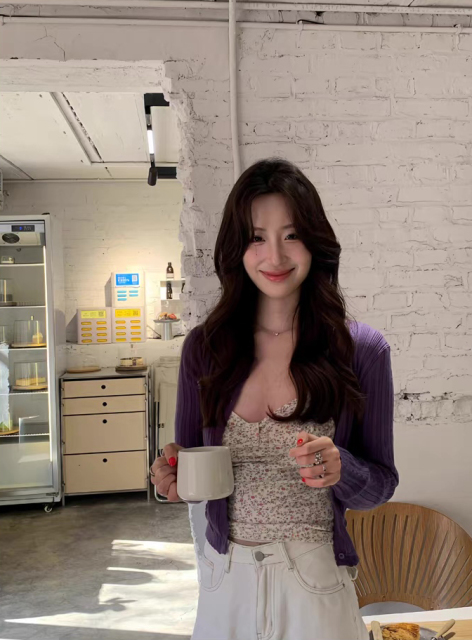 customized Slim Fit Ribbed Knit Cardigan in Purple – Lightweight Soft Stretch Button-Up Sweater for Women