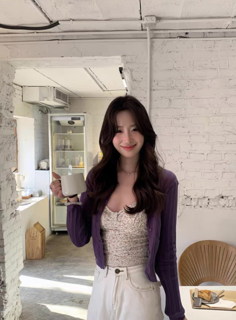 customized Slim Fit Ribbed Knit Cardigan in Purple – Lightweight Soft Stretch Button-Up Sweater for Women