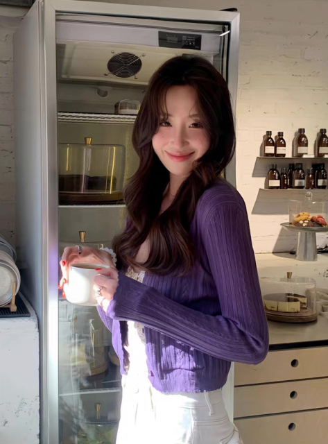 customized Slim Fit Ribbed Knit Cardigan in Purple – Lightweight Soft Stretch Button-Up Sweater for Women