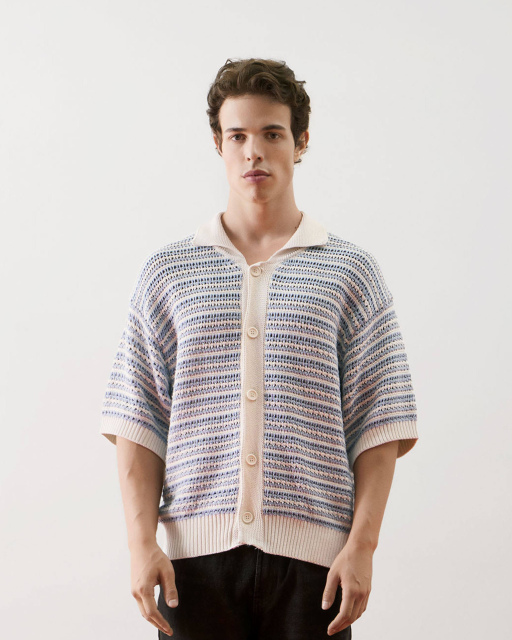 Personalized  Men’s Lightweight Striped Knit Button-Up Cardigan Shirt – Short Sleeve Summer Knitwear
