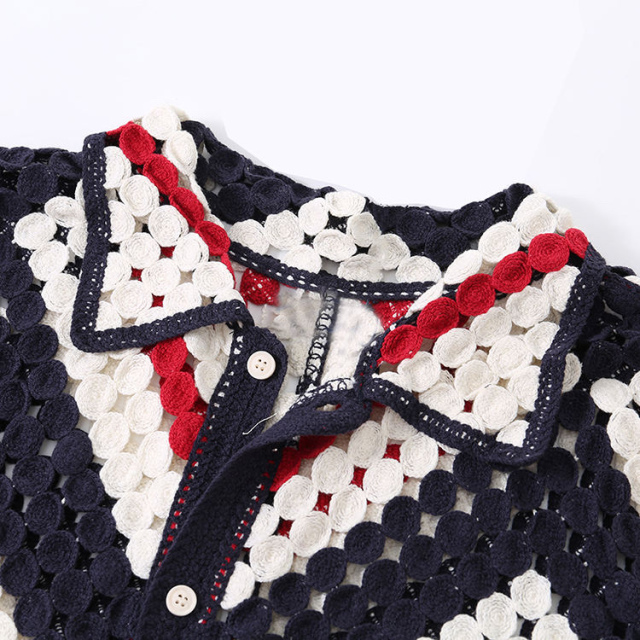 Wholesale Men’s Geometric Crochet Knit Button-Up Shirt – Short Sleeve Vintage Style Open Knit Top