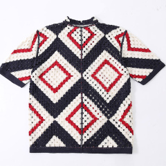 Wholesale Men’s Geometric Crochet Knit Button-Up Shirt – Short Sleeve Vintage Style Open Knit Top