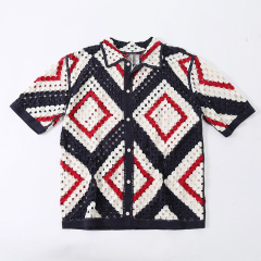 Wholesale Men’s Geometric Crochet Knit Button-Up Shirt – Short Sleeve Vintage Style Open Knit Top