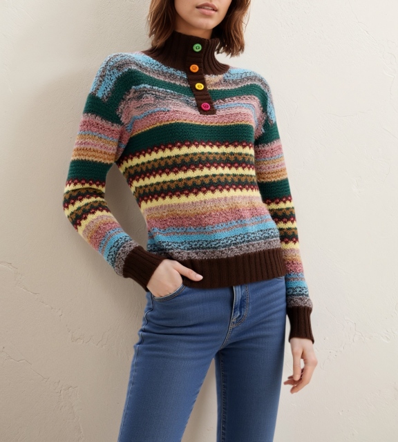 Factory Direct Women’s Multicolor Fair Isle Knit Sweater with Button Neck