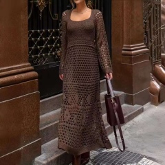 ODM OEM Women’s Elegant Hollow-Out Knit Maxi Dress with Long Sleeves