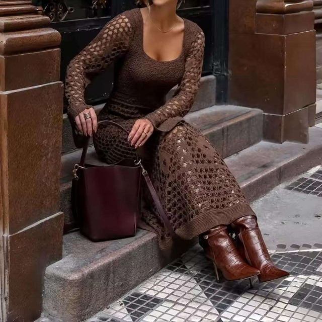 ODM OEM Women’s Elegant Hollow-Out Knit Maxi Dress with Long Sleeves