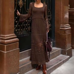 ODM OEM Women’s Elegant Hollow-Out Knit Maxi Dress with Long Sleeves