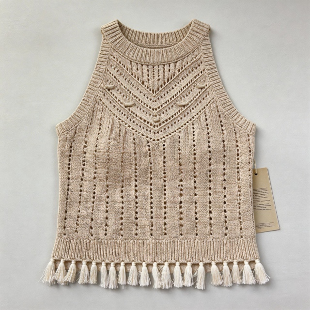 Made-to-order Women’s Sleeveless Knit Tassel Hem Tank Top – Boho Ribbed Summer Crop Top