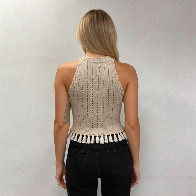 Made-to-order Women’s Sleeveless Knit Tassel Hem Tank Top – Boho Ribbed Summer Crop Top