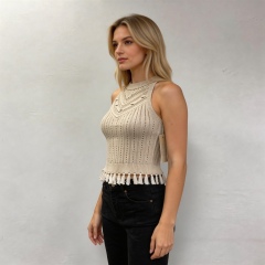 Made-to-order Women’s Sleeveless Knit Tassel Hem Tank Top – Boho Ribbed Summer Crop Top