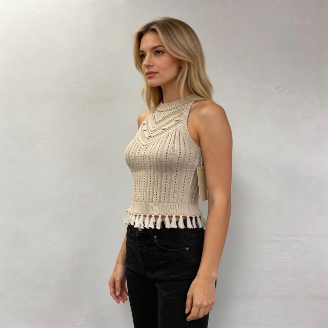 Made-to-order Women’s Sleeveless Knit Tassel Hem Tank Top – Boho Ribbed Summer Crop Top